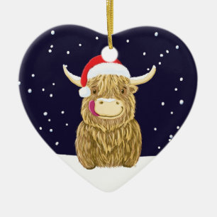 Décoration En Céramique Vache écossaise Highland Dans La Neige De Noël