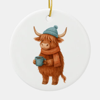 Décoration En Céramique Vache Highland mignonne avec café - Hiver cosy