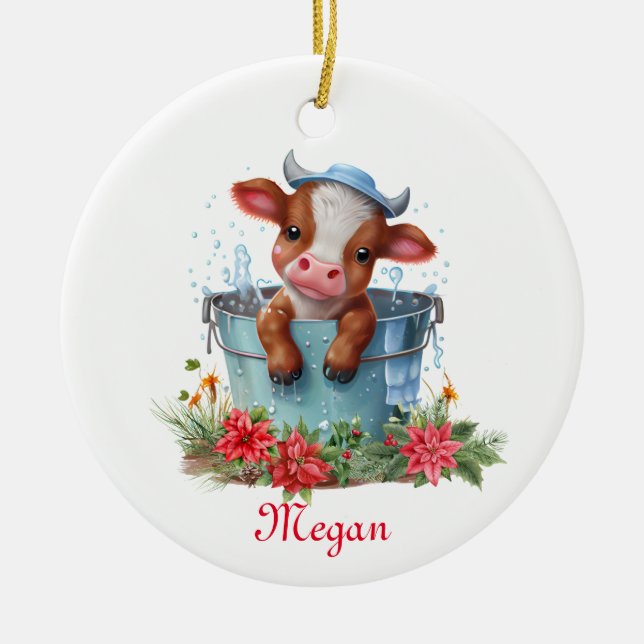 Décoration En Céramique Vache mignonne dans un seau Noël Nom personnalisé (Devant)