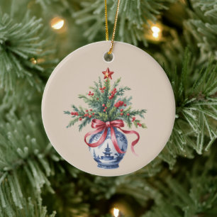 Décoration En Céramique Vase vintage avec un arbre de Noël en chinoiserie