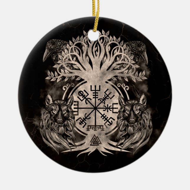 Décoration En Céramique Vegvisir -Yggdrasil Avec Ravens & Loups (Devant)