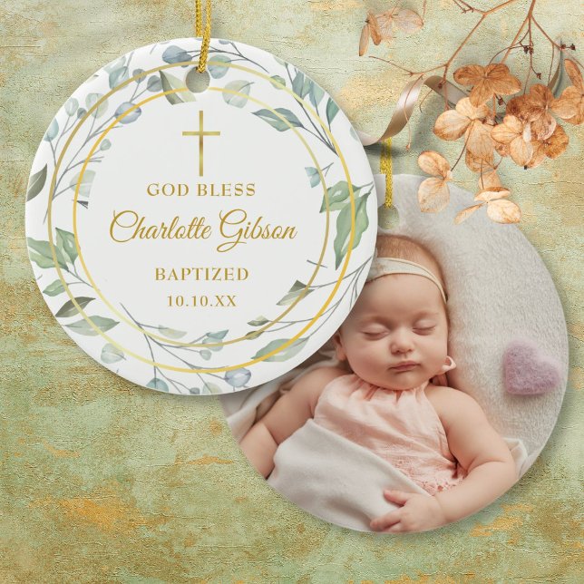 Décoration En Céramique Verdure personnalisée Gold Boy Girl Baptism Photo (Personalized Greenery Gold Boy Girl Baptism Photo Ceramic Ornament)