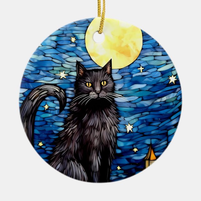 Décoration En Céramique Verre tendu Chat noir Starry nuit (Devant)