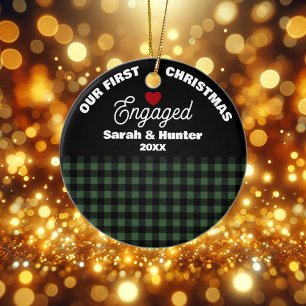 Décoration En Céramique Vert & Noir Plaid Notre 1er Noël Engagé