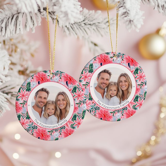Décoration En Céramique Vibrant Pink Christmas Floral 2 Sided Photo (Pink Tropical Floral Christmas two sided photo ornament)