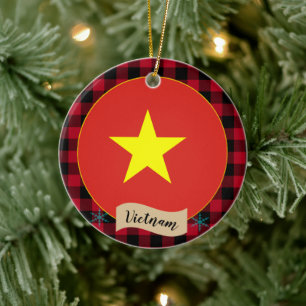 Décoration En Céramique Vietnam, Plaid de buffle rouge et drapeau vietnami
