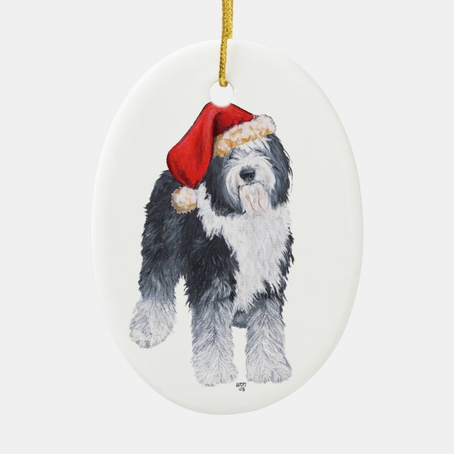 Décoration En Céramique Vieux anglais Sheepdog Santa Hat (Devant)