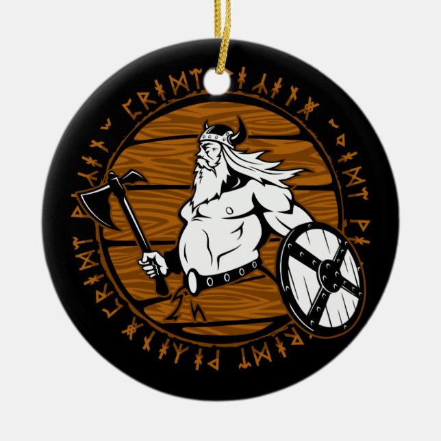 Décoration En Céramique Viking Guerrier Casque Bouclier Runes Noël (Devant)