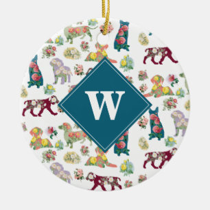 Décoration En Céramique Vintage Aquarelle Fleurs et Chiens Motif Monogramm
