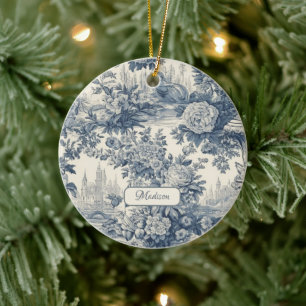 Décoration En Céramique Vintage chic floral Bleu toile de jouy monogramme
