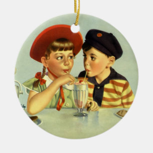 Décoration En Céramique Vintage Children, Boy and Girl Sharing a Shake