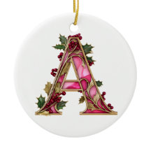Vintage Christmas Pink Gold Holly Monogram A