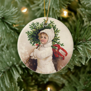 Décoration En Céramique Vintage Girl with Christmas Tree, Ellen Clapsaddle