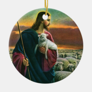 Décoration En Céramique Vintage Religion, Christ Good Shepherd with Flock