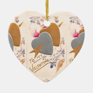 Décoration En Céramique Vintage Silver & Gold Hearts Valentine Postcard