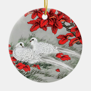 Décoration En Céramique Vintages Feuilles blancs et rouges sur gris / gris