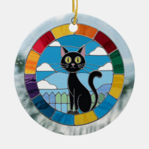 Décoration En Céramique Vitraux, Chat Noir Vitrail Coloré