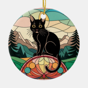 Décoration En Céramique Vitraux, Chat Noir Vitrail Coloré