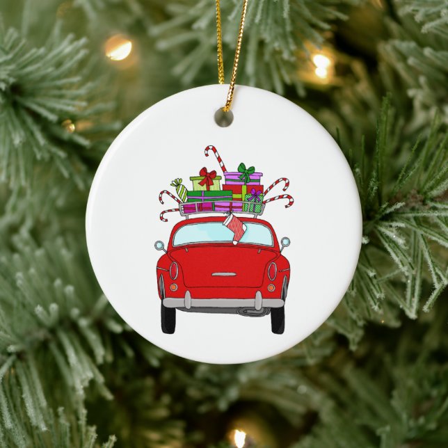 Décoration En Céramique Voiture rouge avec cadeaux de Noël (Arbre)