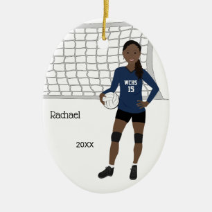 Décoration En Céramique Volleyball Femme Cheveux Noir En Bleu Foncé & Noir