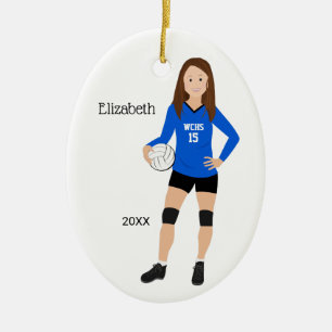 Décoration En Céramique Volleyball fille Brunette en céramique bleue et no