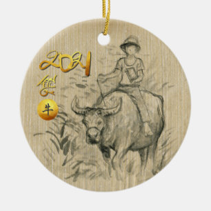 Décoration En Céramique Water Buffalo Kid Chinese Ox Année 2021 CRO