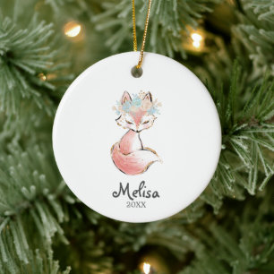 Décoration En Céramique Watercolor Fox Woodland ornament Girl