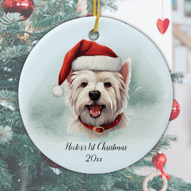 Décoration En Céramique West Highland Terrier Personnalisé Premier Noël (Personalize with Dog's name and year, or add different text, or delete if not required.)