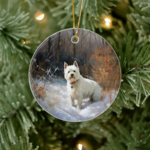 Décoration En Céramique West Highland White Terrier Laissons neiger Noël