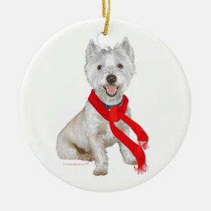 Décoration En Céramique Westie d'hiver dans une écharpe rouge