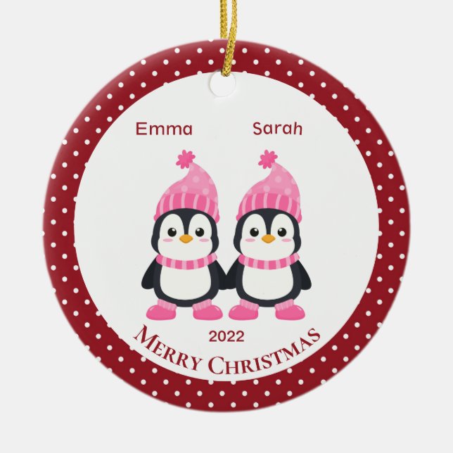 Décoration En Céramique Whimsical Twin Sister Penguins Personnalisé (Devant)