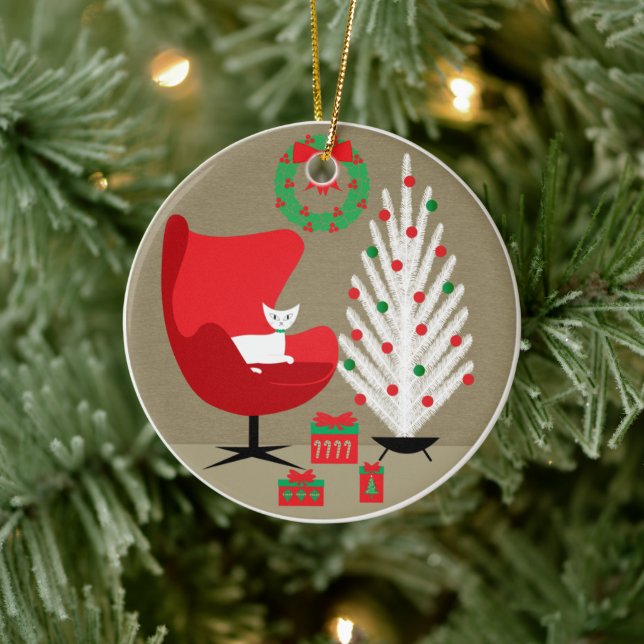 Décoration En Céramique White Cat in Mid Century Christmas Room (Arbre)