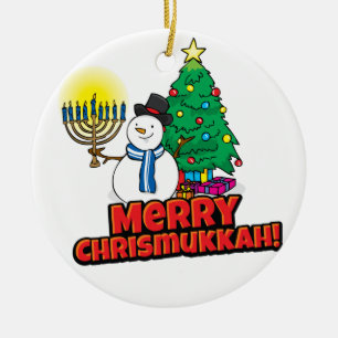 Décoration En Céramique White Round Merry Chrismukkah avec Snowman