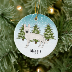 Décoration En Céramique White Swiss Shepherd White GSD Chien Forêt d'hiver