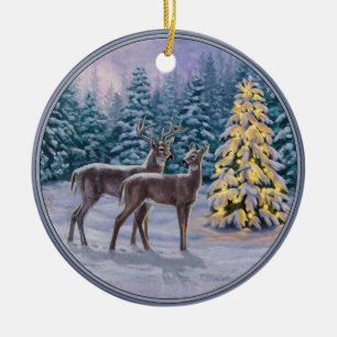 Décoration En Céramique Whitetail Deer & Christmas Tree Scene hivernale