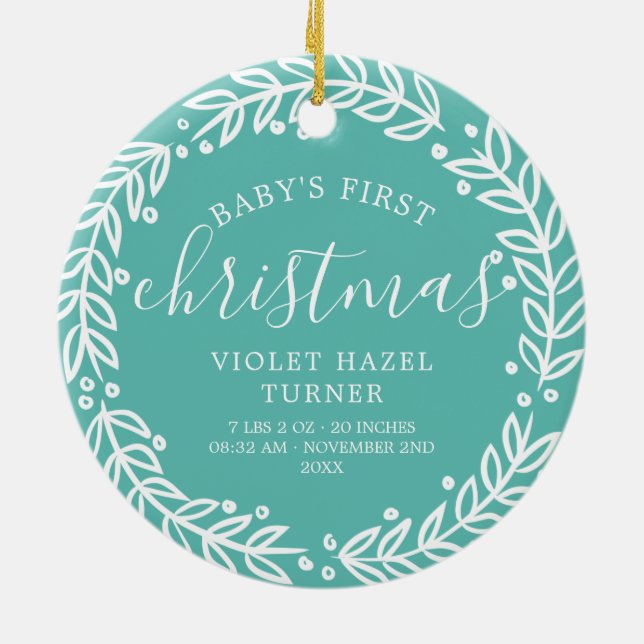 Décoration En Céramique Wreath blanc | Premier Noël Turquoise du bébé (Dos)