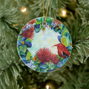 Décoration En Céramique Wreath Hawaïen Iiwi Bird Lehua Mele Kalikimaka