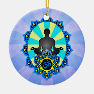 Décoration En Céramique Yoga Aum de méditation, bleu et jaune