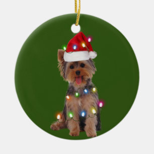 Décoration En Céramique Yorkie Avec Le Cadeau De Noël De Santa Hat