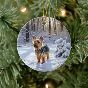 Décoration En Céramique Yorkshire Terrier Laisser Neige Noël