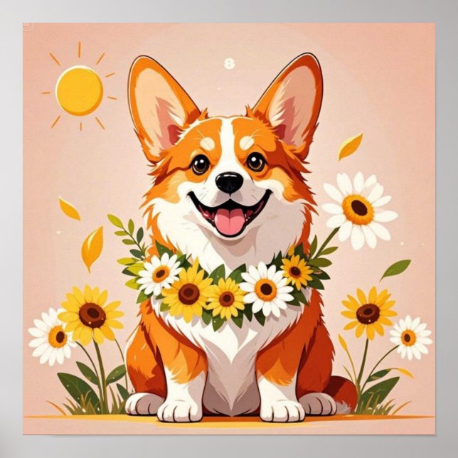 Décoration murale corgi couronne de tournesols (Devant)