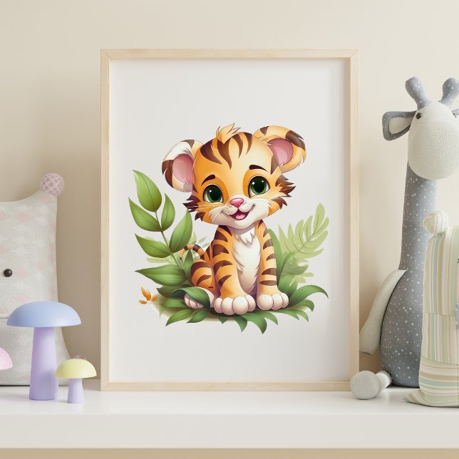 Décoration murale de nursery aux feuilles de jungl (Baby Tiger with Jungle Leaves Nursery Wall Art Poster Print Available in many sizes, Framed or not)