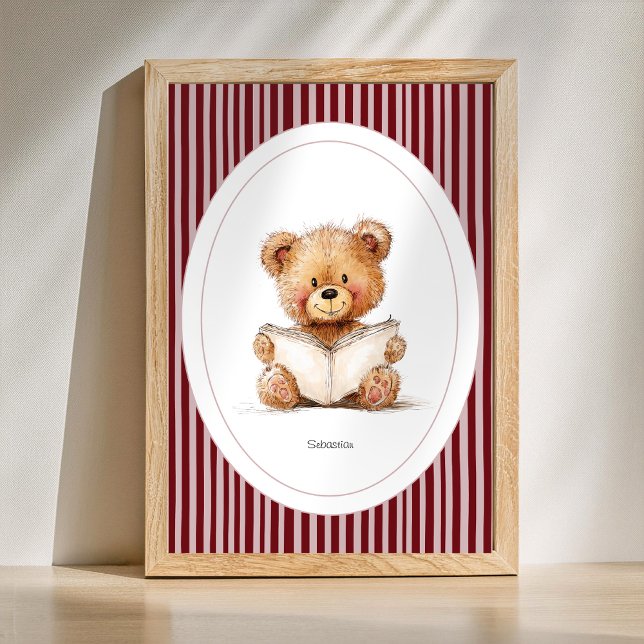 Décoration murale pour chambre de bébé - Ours en p (Custom Name Print - Cute Teddy Bear Reading a Book Nursery Poster)