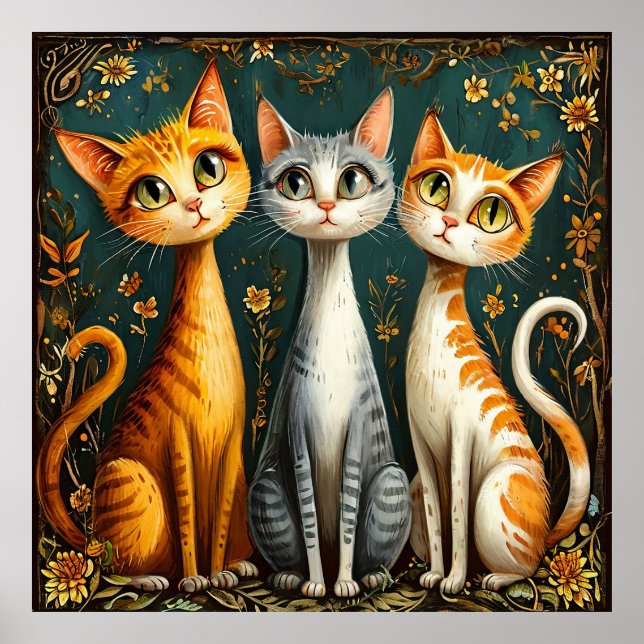 Décoration murale trio de chats colorés mignons (Devant)