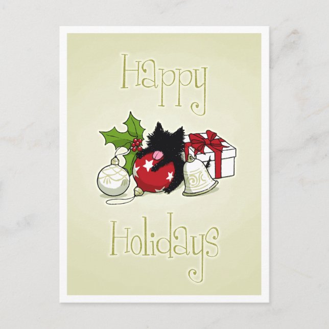 Decorations and Black Kitten (Happy Holidays) Holiday Postcard (Front)