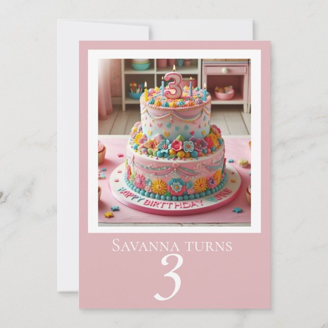 DECORATIVE 3 Yr Old BIRTHDAY CAKE PARTY INVITATION (Back)
