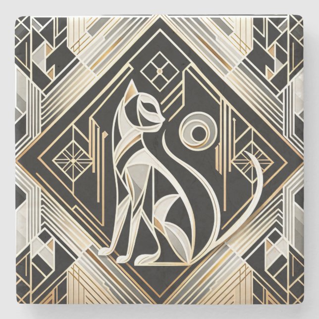 Decorative Abstract Black Cat Stone Coaster (Front)