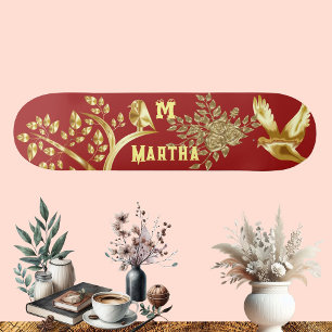 Decorative Art Golden Bird Tree Of Life Monogram  Skateboard