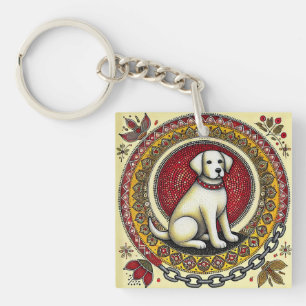 Decorative Artwork Featuring a Dog in a Mandala Keychain