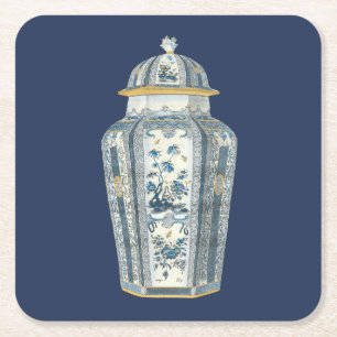 Decorative Asian Urn in Blue & White Square Paper Coaster